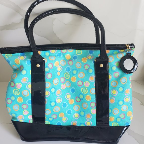MAGGIE B Whimsy Shopping Girl Tote Bag Black Teal Yellow Polka Dots Canvas Charm - Picture 5 of 9